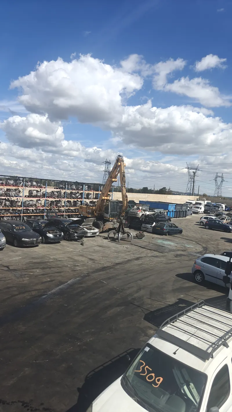 Pelle de manutention à pince lors du démantèlement de véhicules au centre VHU RP Auto de Moret (77)